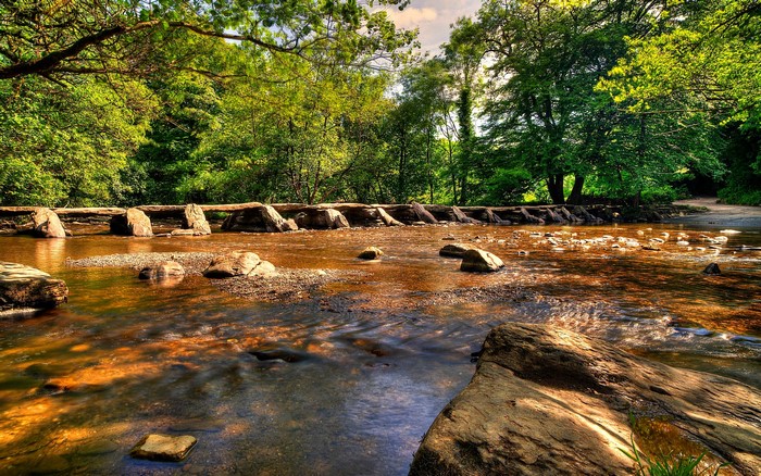 Stone bridge crossing a shallow river in a forest