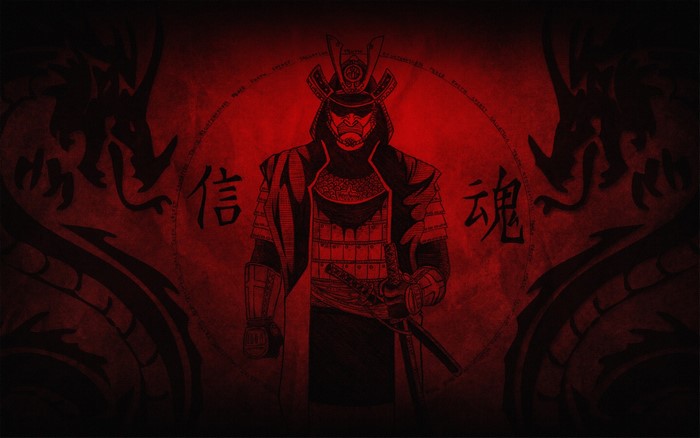Samurai warrior with dragons and Japanese calligraphy
