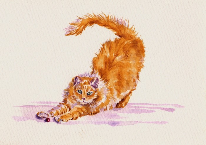 Painting of a ginger cat stretching