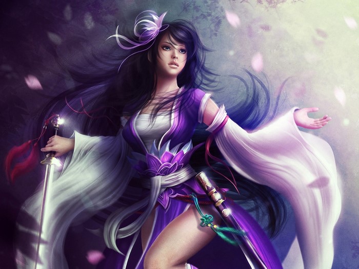 Brunette woman in purple dress with sword