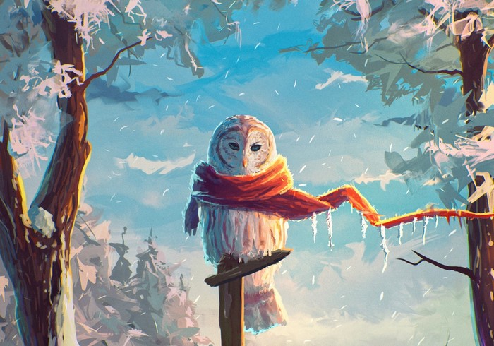 Painting of an owl wearing a scarf in winter