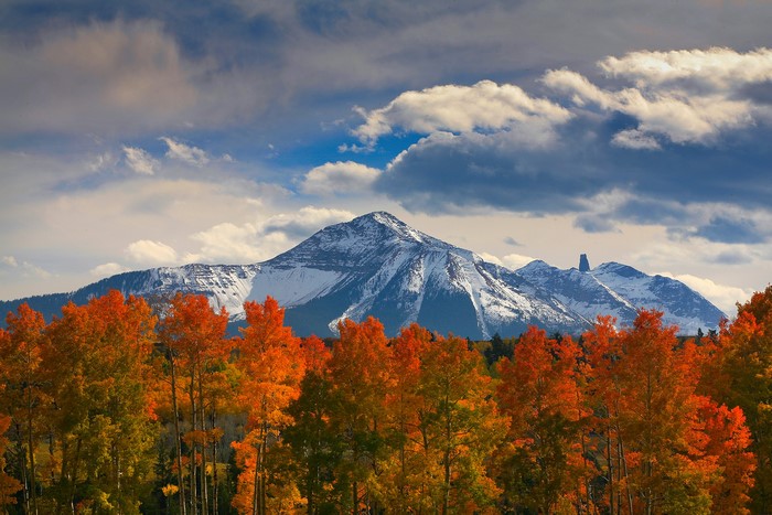 Snow-capped mountains behind autumn trees under clouds