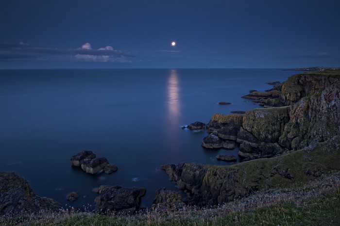 Moonlit Scottish Coastline with Crags and Sea