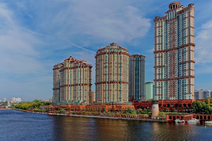 Apartment buildings on the Moscow River in Russia
