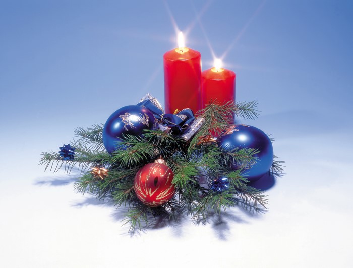 Christmas Candles with Ornaments and Pine Branches