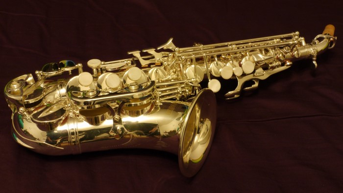 Close-up of a shiny silver saxophone