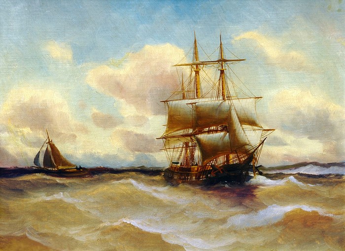 Alfred Jansen painting of ships sailing at sea