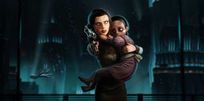 Elizabeth from BioShock Infinite holding a child and a pistol