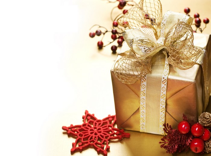 Golden Gift Box with Christmas Decorations