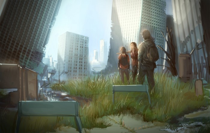 The Last of Us characters in a post-apocalyptic city