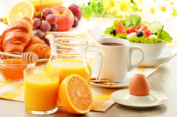 Breakfast Still-life with Croissants, Juice, Coffee, and Egg