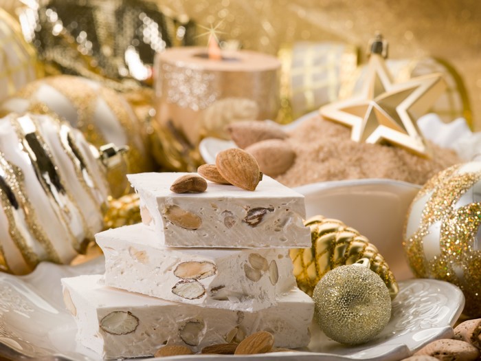 Christmas Nougat with Almonds and Decorations