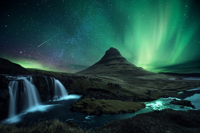 Kirkjufell Mountain and Waterfall under Aurora Borealis