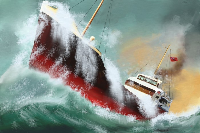 Two ships in a stormy sea with large waves