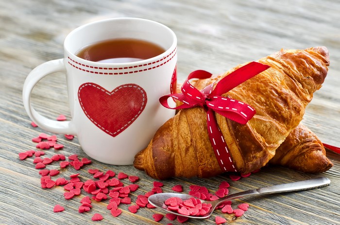 Tea Closeup Croissant Mug Heart Spoon Bowknot