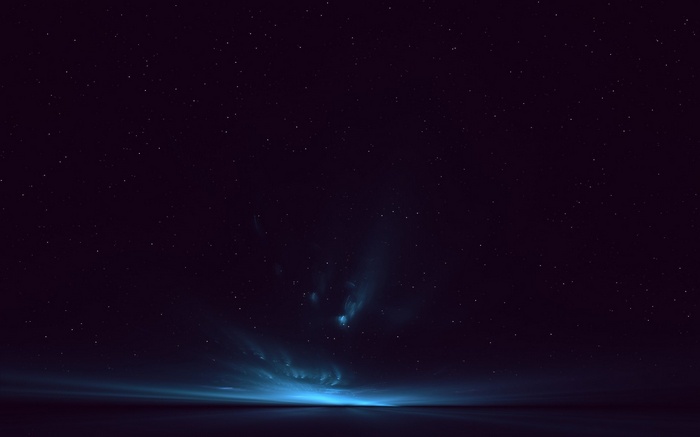 Starry night sky with blue nebula and horizon