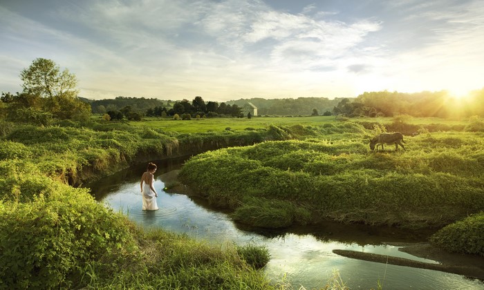Woman in white dress wading in a stream with a horse grazing