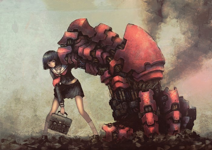 Girl in school uniform with a giant robot arm