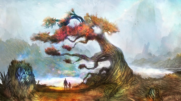 Fantasy landscape with a large, gnarled tree and two figures