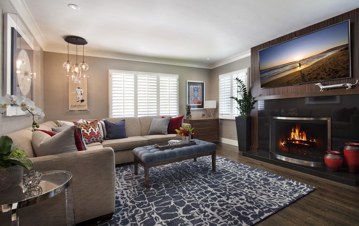Living room with fireplace and sectional sofa