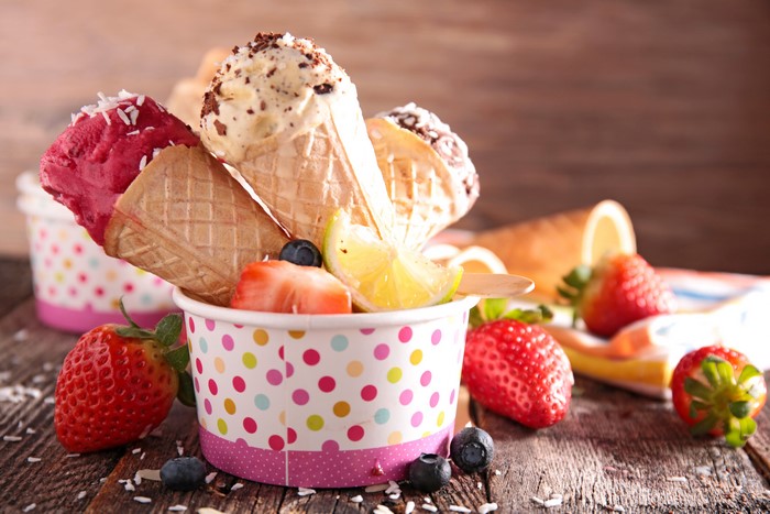 Ice cream cones with strawberries and blueberries