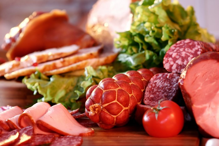 Meat products, ham, sausage, and tomatoes