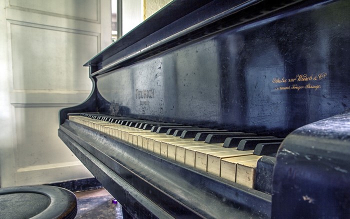 Close-up of an old Feurich piano