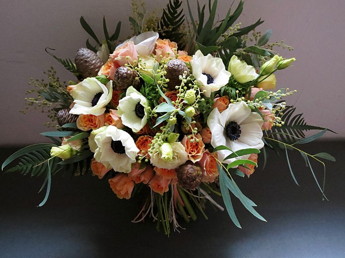 Bouquet of Roses, Anemones, and Eustoma with Pinecones