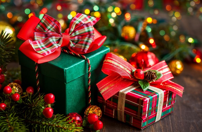 Christmas Gifts with Bows and Lights