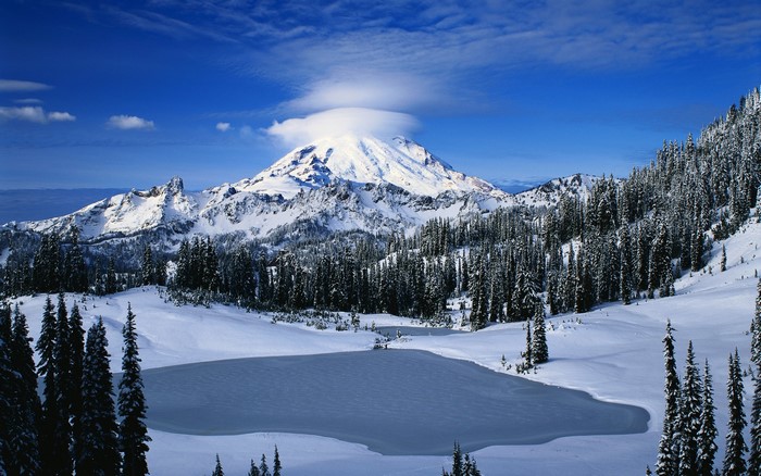 Snowy Mountains with Pine Trees and Frozen Lake