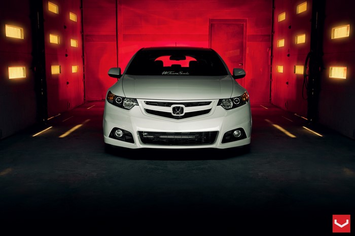 White Honda Accord in a Red Garage