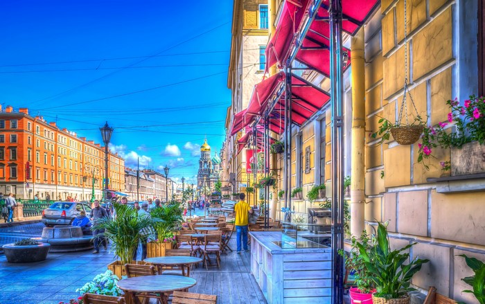 Sunny Street Scene with Colorful Buildings in St. Petersburg