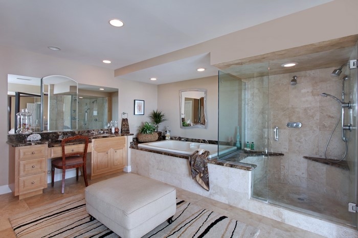 Luxury bathroom with bathtub and shower