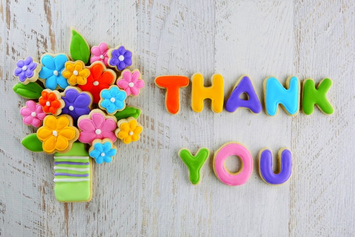 Thank You cookies in a vase with flowers