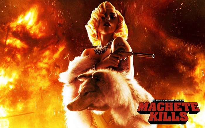 Lady Gaga with a pistol and wolf in Machete Kills