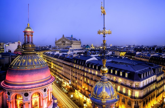 Paris Opera House and city skyline at dusk