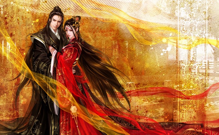 Couple in traditional Chinese attire with flowing fabrics