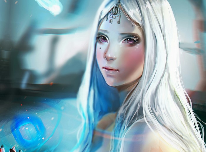 Woman with white hair and purple eyes