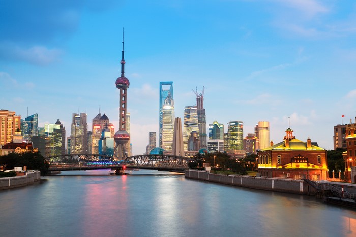 Shanghai skyline with Oriental Pearl Tower and river
