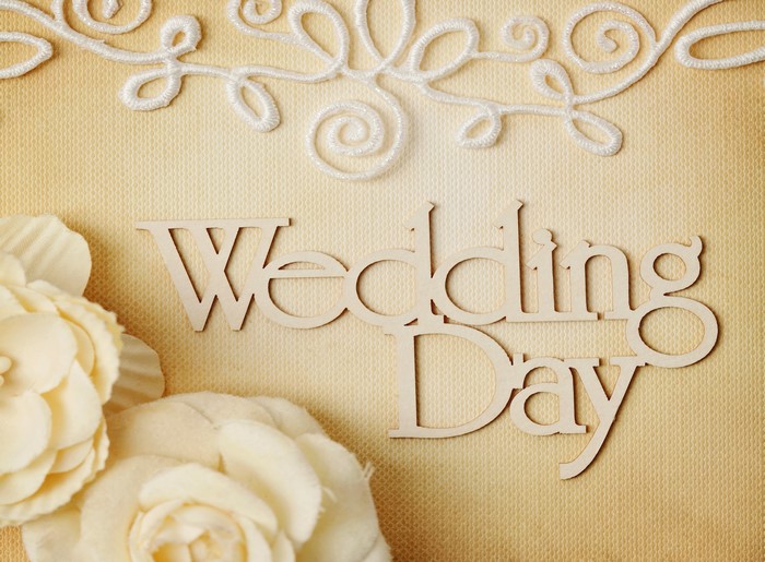 Wedding Day wooden letters with flowers and lace