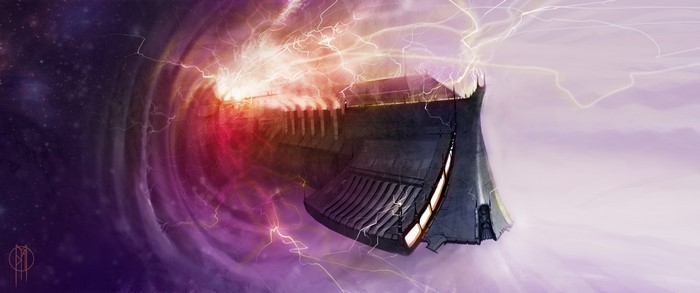 Warhammer 40000 spaceship in a warp portal