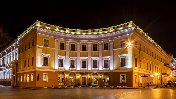 Curved building at night in Odessa, Ukraine