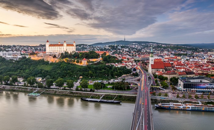 Bratislava Castle and Cityscape with River and Bridge