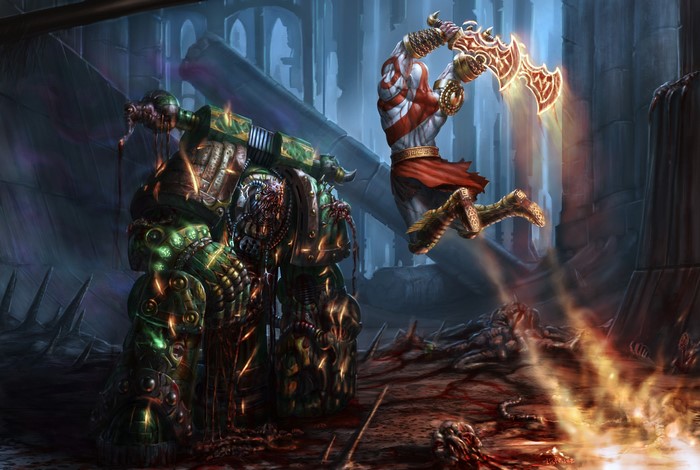 Kratos from God of War fighting a Plague Marine
