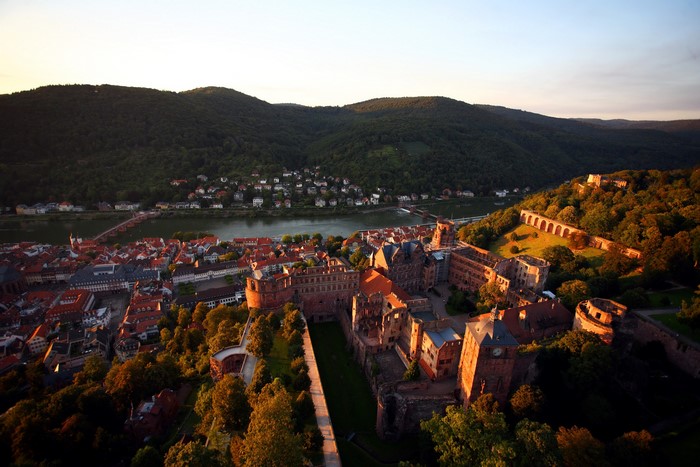 Heidelberg Castle and cityscape from above at sunset