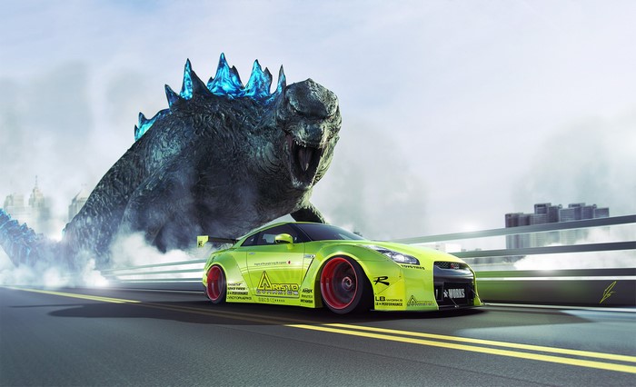 Nissan GTR R35 Chased by Godzilla