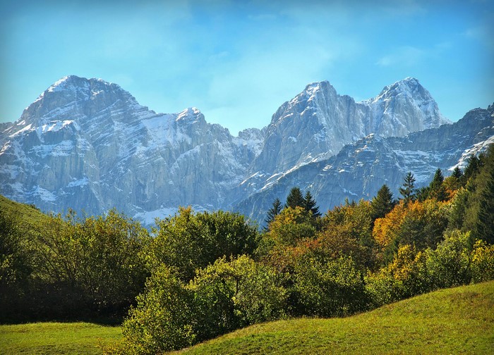 Snow-capped mountains above autumn trees and green hills