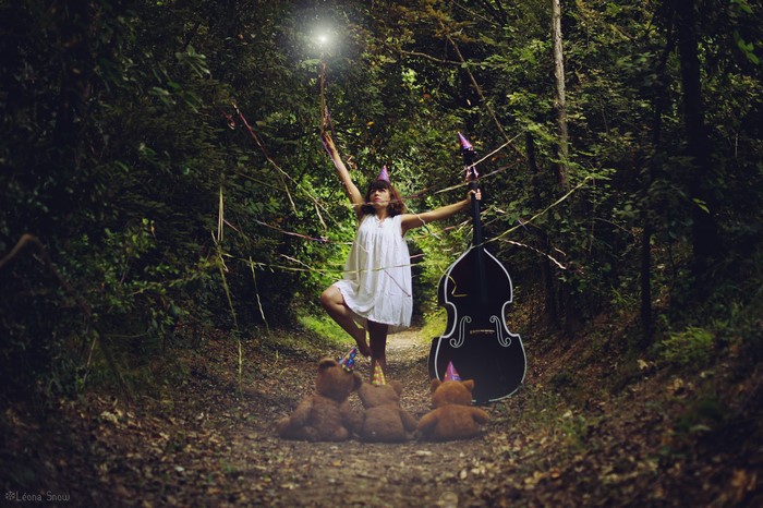 Girl with Cello and Teddy Bears in Forest