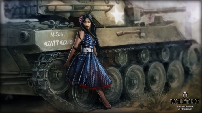 Girl in polka dot dress with World of Tanks tank