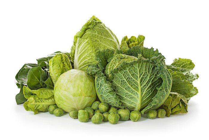 Assortment of Fresh Green Cabbage and Brussels Sprouts